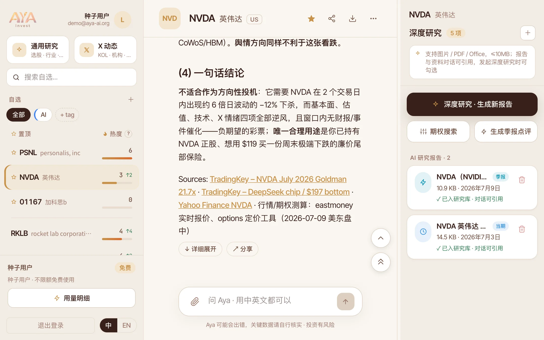 Aya Invest 三栏工作台:左侧自选热度榜,中间研究对话与报告,右侧深度研究面板